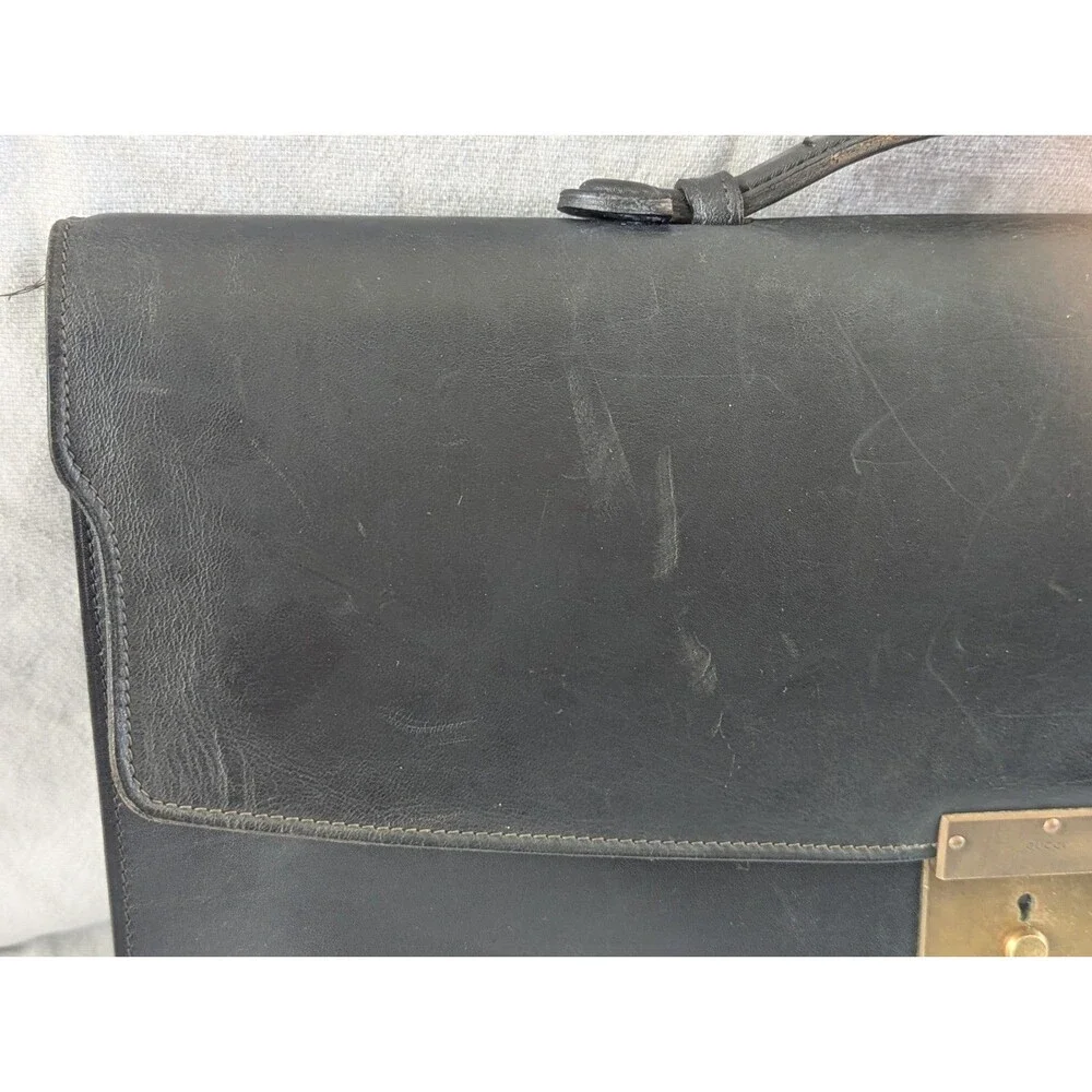 Vintage Gucci Black Leather Briefcase Satchel Attache Push Lock Made in Italy